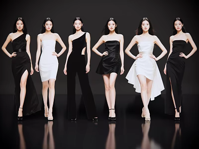 Group of Women in Stylish Black and White Dresses Posing Gracefully on Black Background 3d model