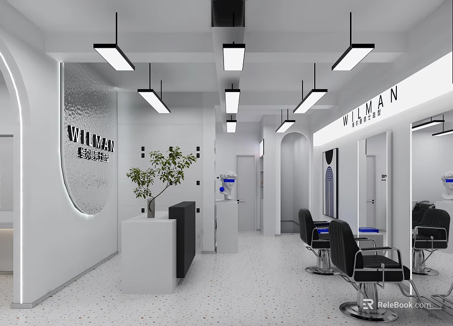 Modern Hair Salon Interior With White Decor Mirrors Barber Chairs Front Desk And Green Plants 3d model 