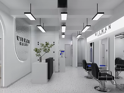Modern Hair Salon Interior With White Decor Mirrors Barber Chairs Front Desk And Green Plants 3d model