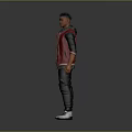 Man In Red Black Jacket White T Shirt Black Pants White Sneakers On Grey Background