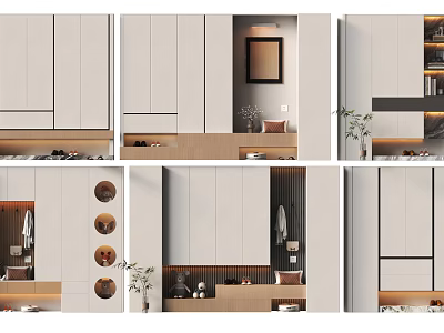 Modern Stylish Shoe Cabinet Design With Wooden Storage And Decorative Plants 3d model