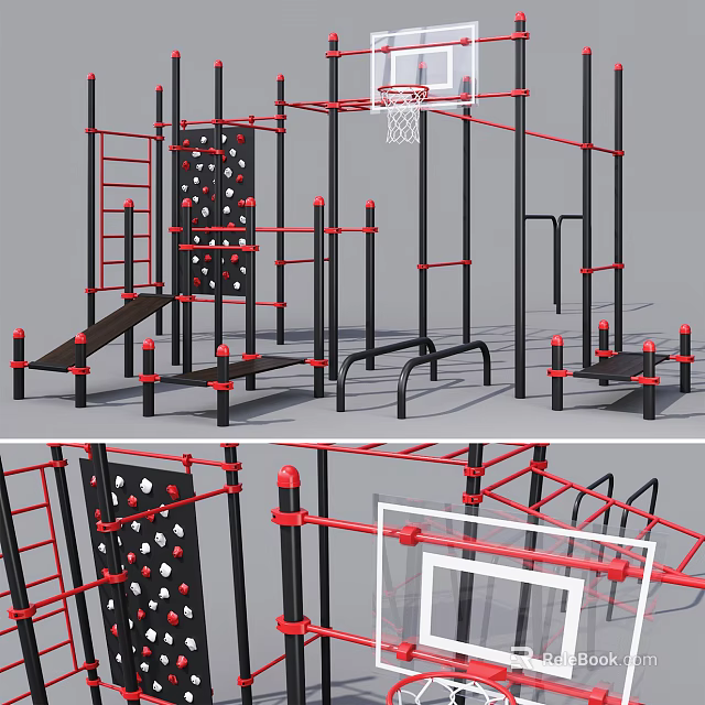 Multi Functional Outdoor Fitness Equipment With Climbing Frame Basketball Hoop And Pull Up Bars 3d model 