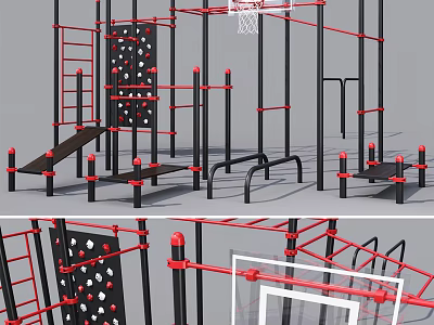 Multi Functional Outdoor Fitness Equipment With Climbing Frame Basketball Hoop And Pull Up Bars 3d model