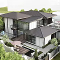 Modern Detached Villa Featuring Large Glass Windows Gray Exterior Walls Balcony and Green Garden