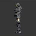 Futuristic Armored Character In Silver Metallic Armor With Golden Helmet Standing Pose