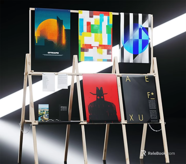 Billboard Display With Various Colorful Designs Geometric Patterns Silhouette And Text On Easels 3d model 