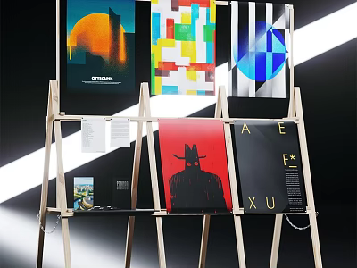 Billboard Display With Various Colorful Designs Geometric Patterns Silhouette And Text On Easels 3d model