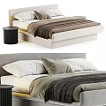 Modern Double Bed With Upholstered Headboard Cozy Blanket Pillows And Nightstand