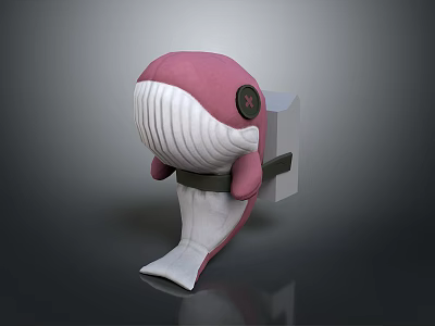 Cute Cartoon Pink Whale with White Body Red Star on Head Carrying Grey Block Backpack 3d model