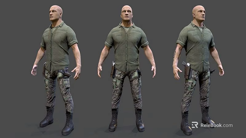 Man In Green Shirt With Camouflage Pants And Black Boots Three Angles 3d model 