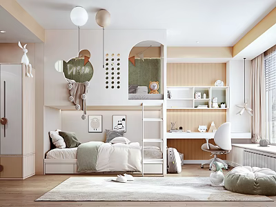 Cozy Kids Room With Bunk Bed Desk Hanging Balls Wall Art And Arched Design 3d model