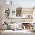Cozy Kids Room With Bunk Bed Desk Hanging Balls Wall Art And Arched Design
