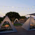 Rooftop Bar with String Lights Pool Tents Wooden Deck and Outdoor Seating