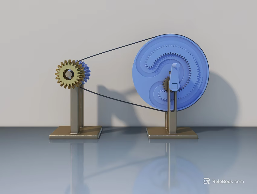 Swing Door Mechanism With Yellow And Blue Gears Connected By Black Belt On Smooth Surface 3d model 