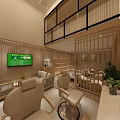 Beauty Hair Salon Wooden Interior With Sofa Hair Styling Chairs Green Plants And TV Screen