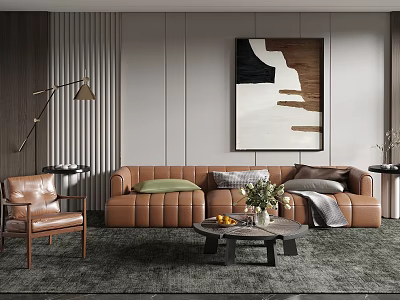 Leather Three-Seat Sofa Coffee Table Combination Decorative Painting Pillow Wall Lamp Single Sofa 3d model