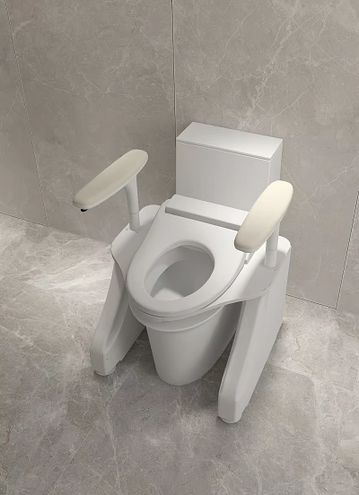 White Toilet With Armrests For Safety In Modern Bathroom Tile Interior 3d model