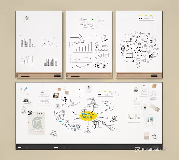 Creative Wall Featuring Hand Drawn Charts Mind Maps and Work Sketches 3d model 
