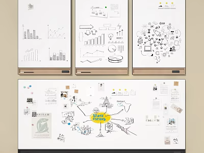 Creative Wall Featuring Hand Drawn Charts Mind Maps and Work Sketches 3d model
