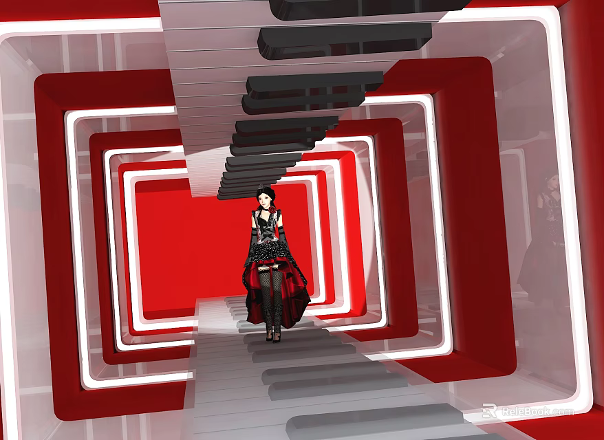 Event Passage With Red And White Rectangular Frames And Woman In Black Outfit 3d model 