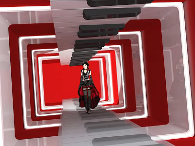 Event Passage With Red And White Rectangular Frames And Woman In Black Outfit 3d model