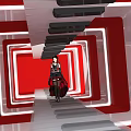 Event Passage With Red And White Rectangular Frames And Woman In Black Outfit