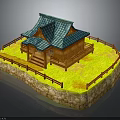 Japanese Style Wooden House With Blue Tiled Roof And Fenced Grass Yard On Stone Base