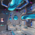 Modern KTV Interior Design With Blue Lighting Marble Decor And Comfortable Sofas