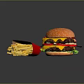 Delicious Cheeseburger With Bacon Lettuce Tomato And Golden French Fries In Red Packaging