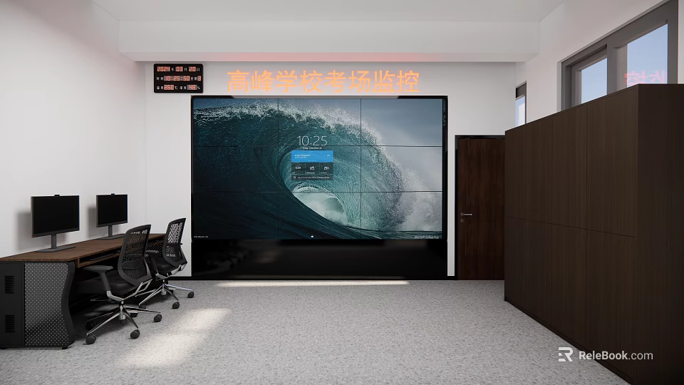 School Exam Room Monitoring Room Interior with Large Screen Display and Desk Chairs 3d model 