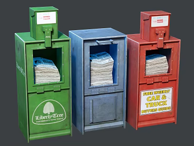 Colorful Public Trash Bins In Green Blue Red With Tissues For Public Area 3d model