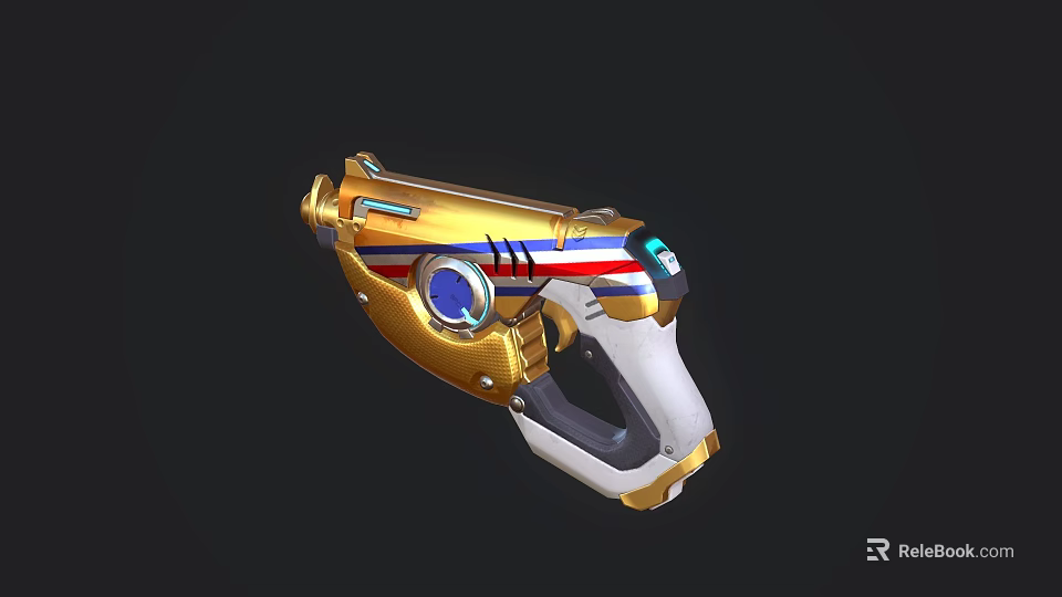 Game Movie Character Using Golden White Futuristic Gun With Blue Red Stripes And Glowing Accents 3d model 