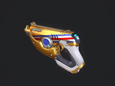 Game Movie Character Using Golden White Futuristic Gun With Blue Red Stripes And Glowing Accents 3d model