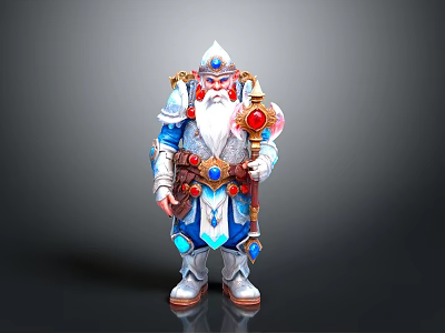 Man In Ornate Blue Red Costume With Scepter Red Gem White Beard And Armor 3d model