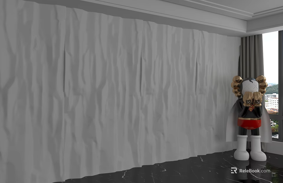 Gray Pleated Textured Background Wall With Decorative Figurine And Black Marble Floor 3d model 