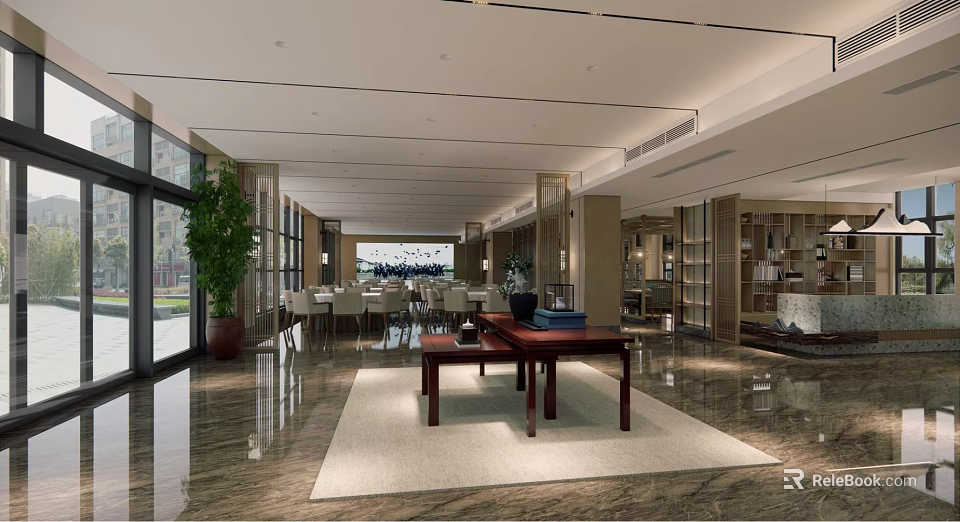 Modern Restaurant Interior With Dining Tables Chairs Green Plant And Marble Floor 3d model 
