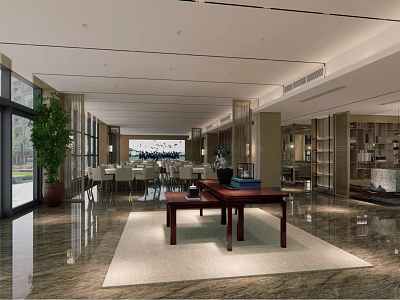 Modern Restaurant Interior With Dining Tables Chairs Green Plant And Marble Floor 3d model