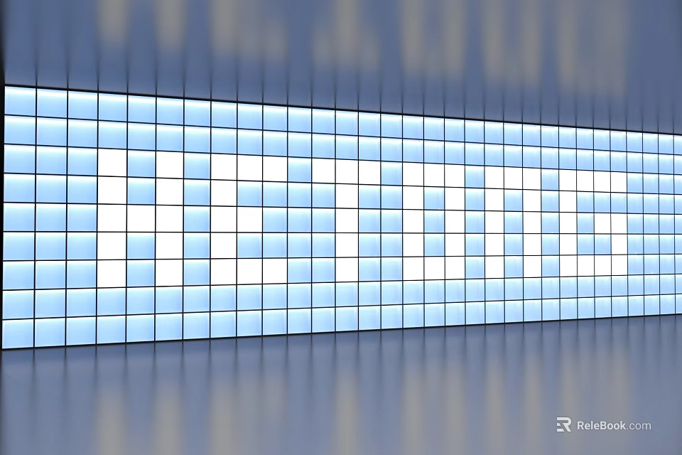 Large LED Screen Displaying INNOVATION with Blue Background Square Panels and Light Effects 3d model 