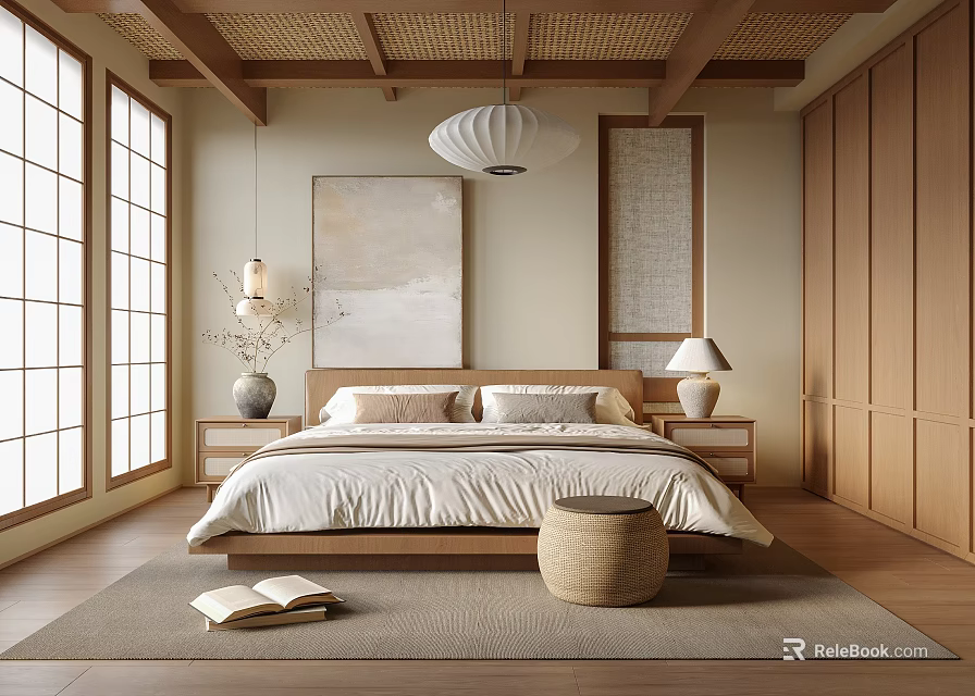 Japanese Zen Bedroom Interior With Wooden Ceiling Rattan Pendant Light And Natural Materials 3d model 