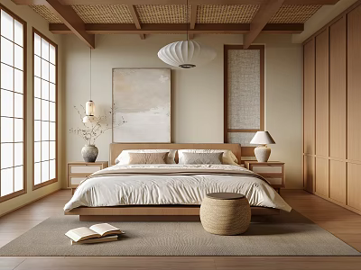 Japanese Zen Bedroom Interior With Wooden Ceiling Rattan Pendant Light And Natural Materials 3d model