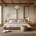 Japanese Zen Bedroom Interior With Wooden Ceiling Rattan Pendant Light And Natural Materials