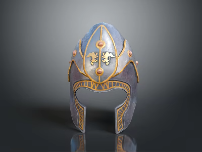 Ornate Blue And Golden Decorative Helmet With Wing Patterns And Circular Ornaments 3d model