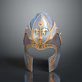 Ornate Blue And Golden Decorative Helmet With Wing Patterns And Circular Ornaments