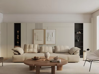 Modern Minimalist Living Room Interior With Beige Sofa Wooden Coffee Table Decorative Paintings 3d model