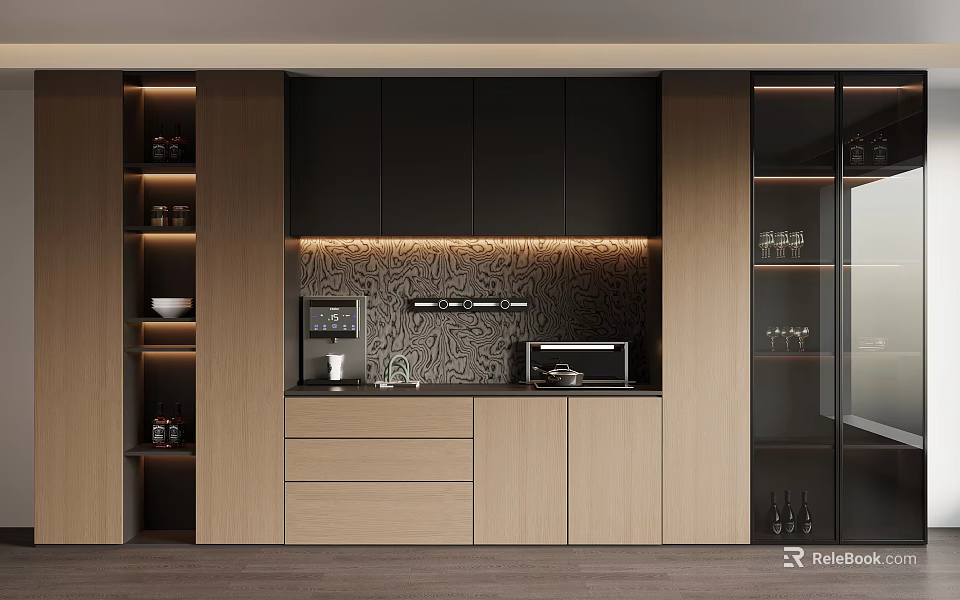 Modern Sideboard With Wooden Black Panels LED Lighting Textured Backsplash Storage Drawers And Glass 3d model 