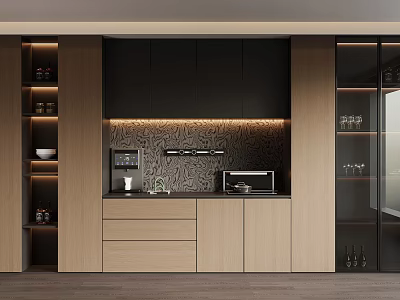 Modern Sideboard With Wooden Black Panels LED Lighting Textured Backsplash Storage Drawers And Glass 3d model