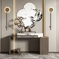 Elegant Console Table With Decorative Mirror Bonsai Ornament Wall Lamps And Marble Top