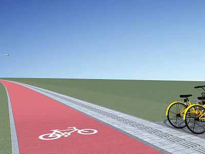 Road Facilities Featuring Red Bicycle Lane With White Symbol Parked Yellow Bicycles And Green Grass 3d model