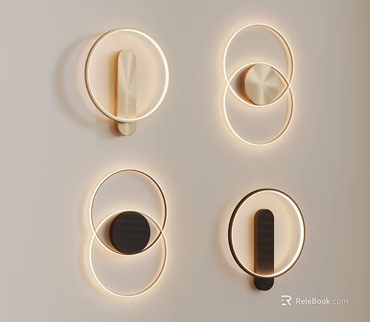 Modern Wall Sconces Design With Circular Rings LED Lighting Gold Black Accents 3d model 