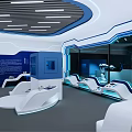 Modern Tech Exhibition Hall With Blue White Interior And Digital Display Counters 3d model